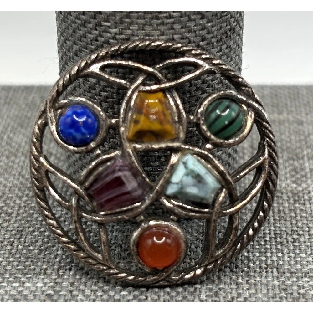 Vintage Miracle Scottish Celtic Colorful Multi Stone Brooch Silver Tone
